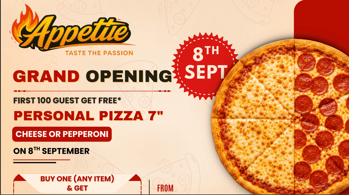 Grand Opening September 8th — First 100 guests get a free personal pizza