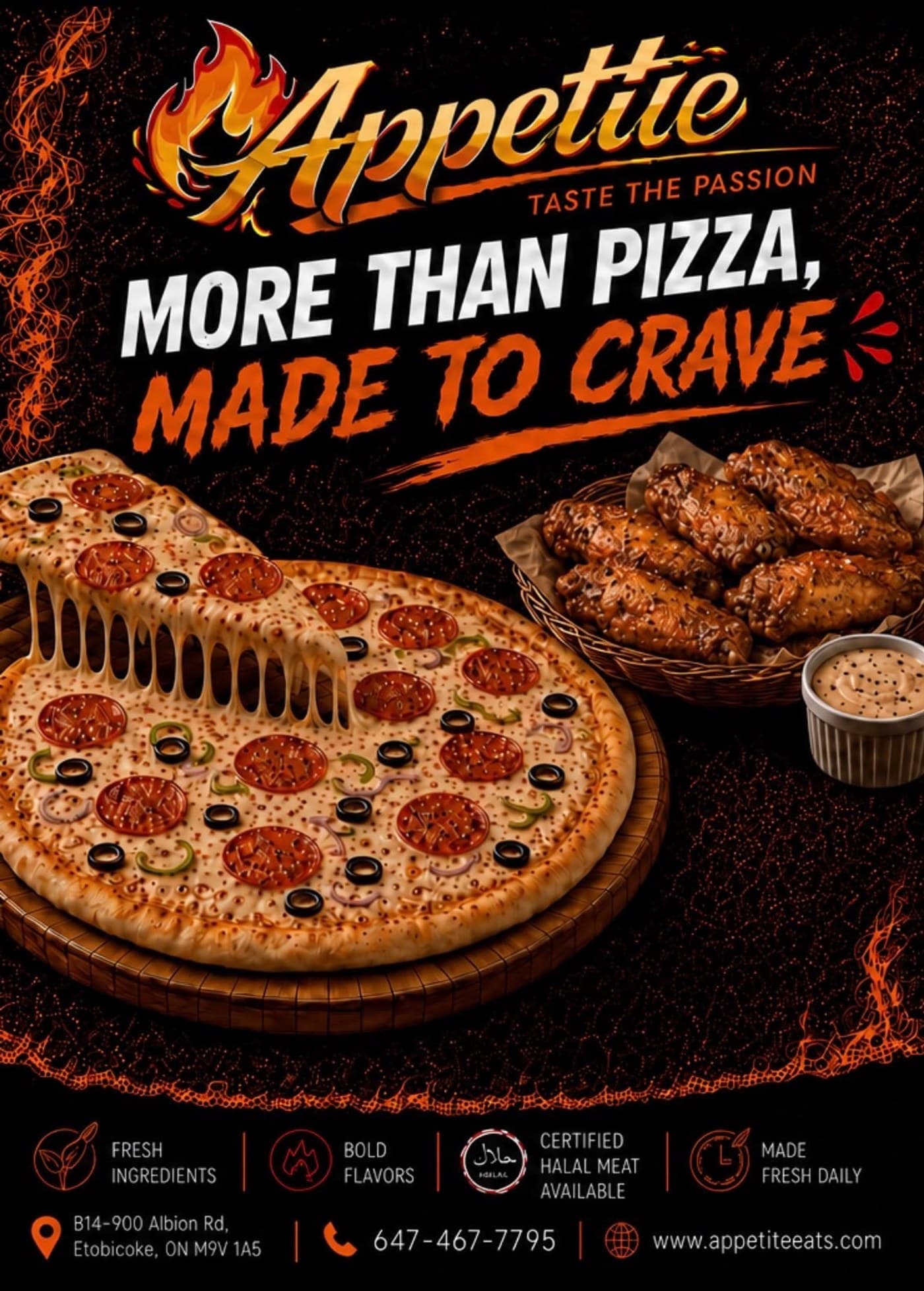 Cheese-pull pepperoni pizza with a basket of wings — Appetite, Etobicoke